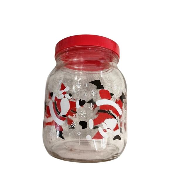 Vintage Christmas Santa Glass Jar Red Lid Holiday Candy Cookie Kitchen Decor - Picture 1 of 8